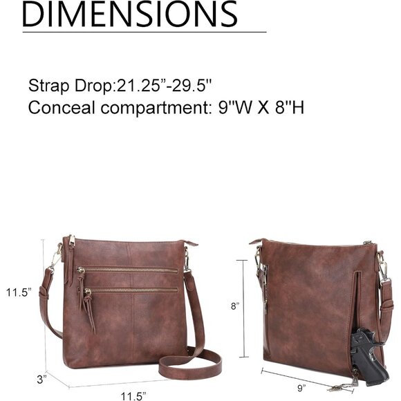 Women Large Concealed Carry Purse Vegan Leather Brown Multi-Pocket Crossbody Sty - Picture 4 of 6